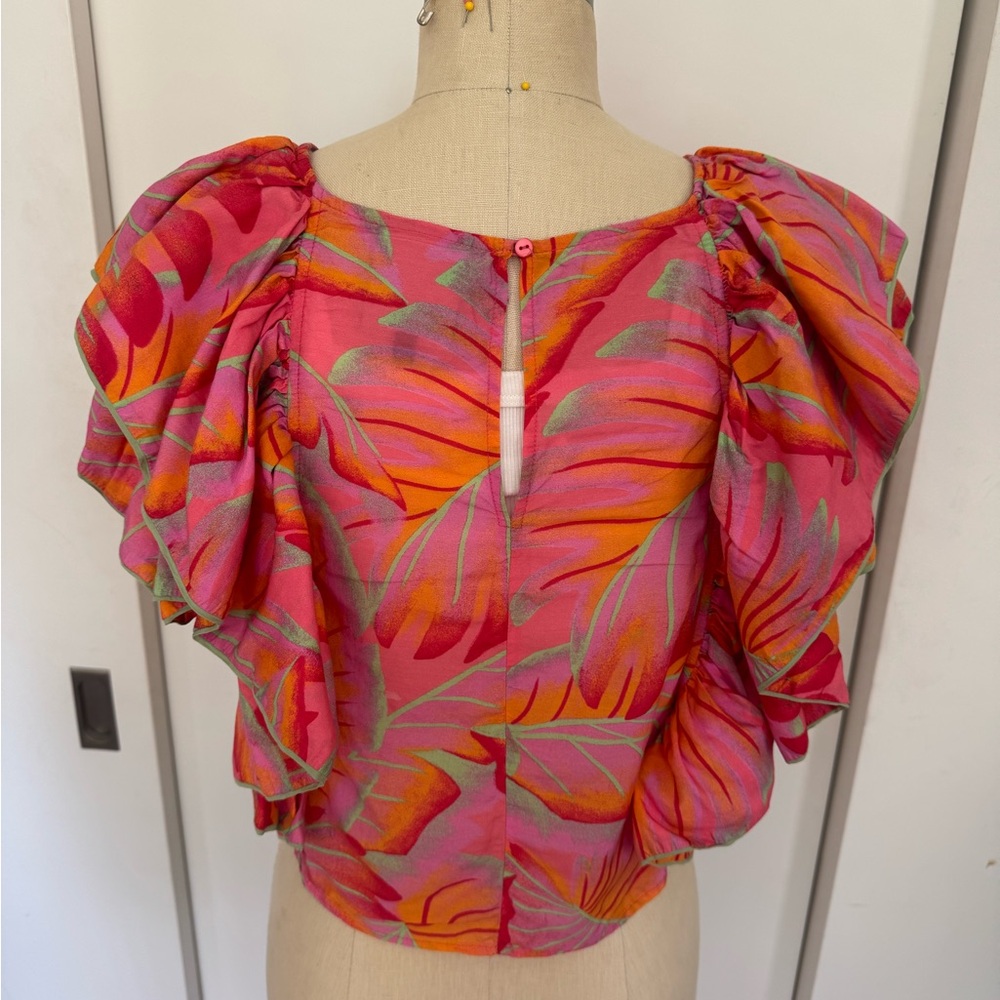 FARM Rio Bright Pink Tropical Ruffle Sleeve Top - Picture 5 of 11